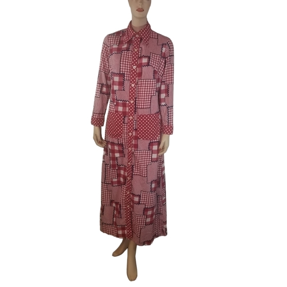 Vtg 70s red gingham plaid patchwork long sleeve maxi dress - Picture 2 of 13